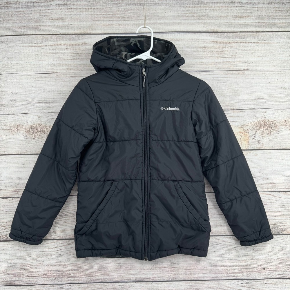 Columbia Reversible Puffer Jacket Kids Size M 10/12 Black Camo Hooded Full Zip